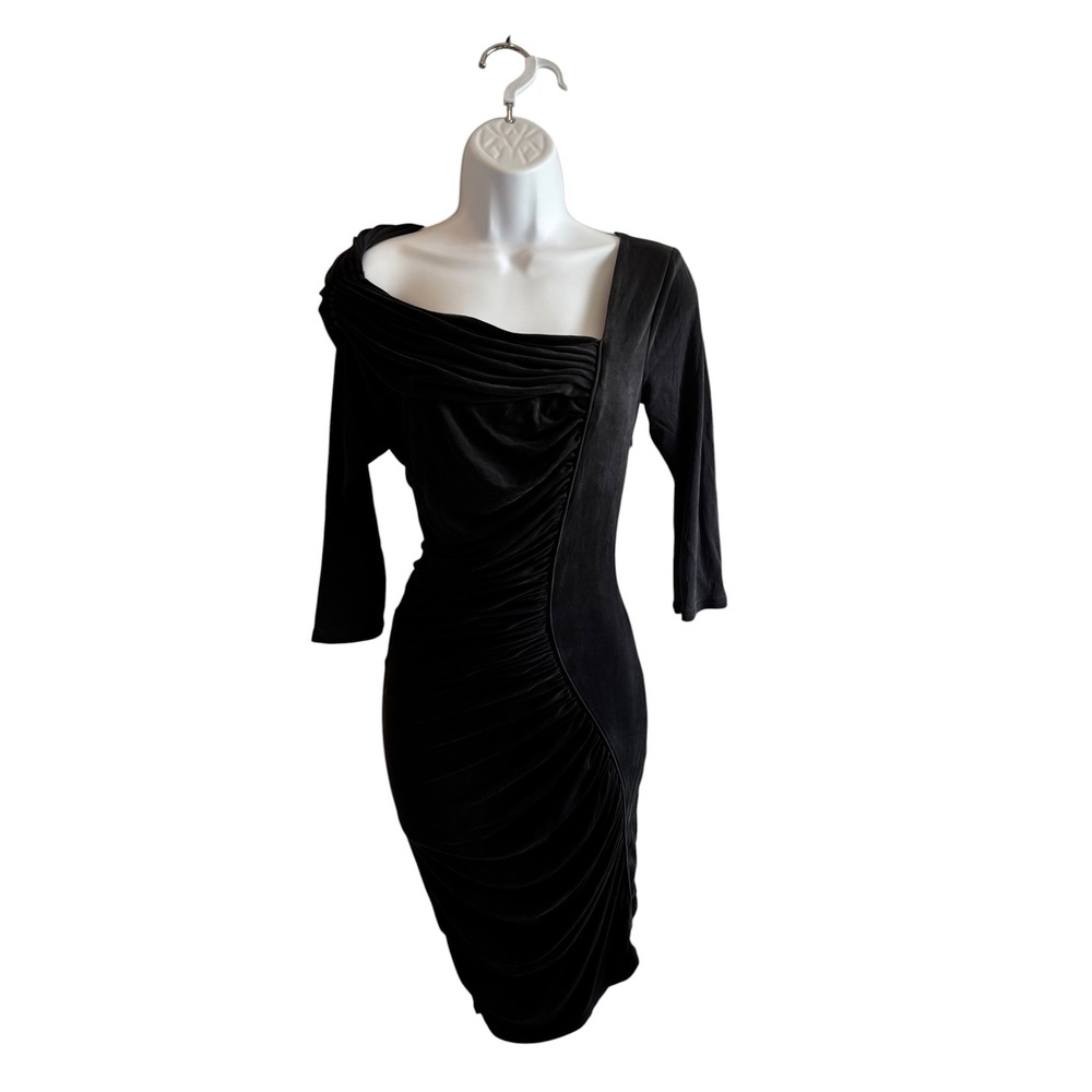 Catherine Malandrino Silk Ruched Bodycon Dress S Black Asymmetrical Cocktail LBD